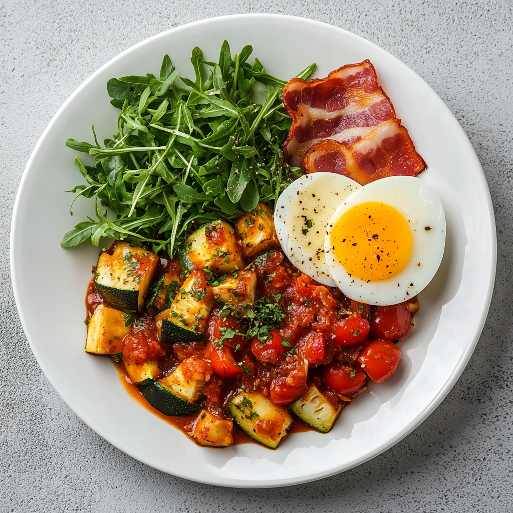 Gourmet-Frühstück: Rucola und Ei mit Schinken & Gemüse