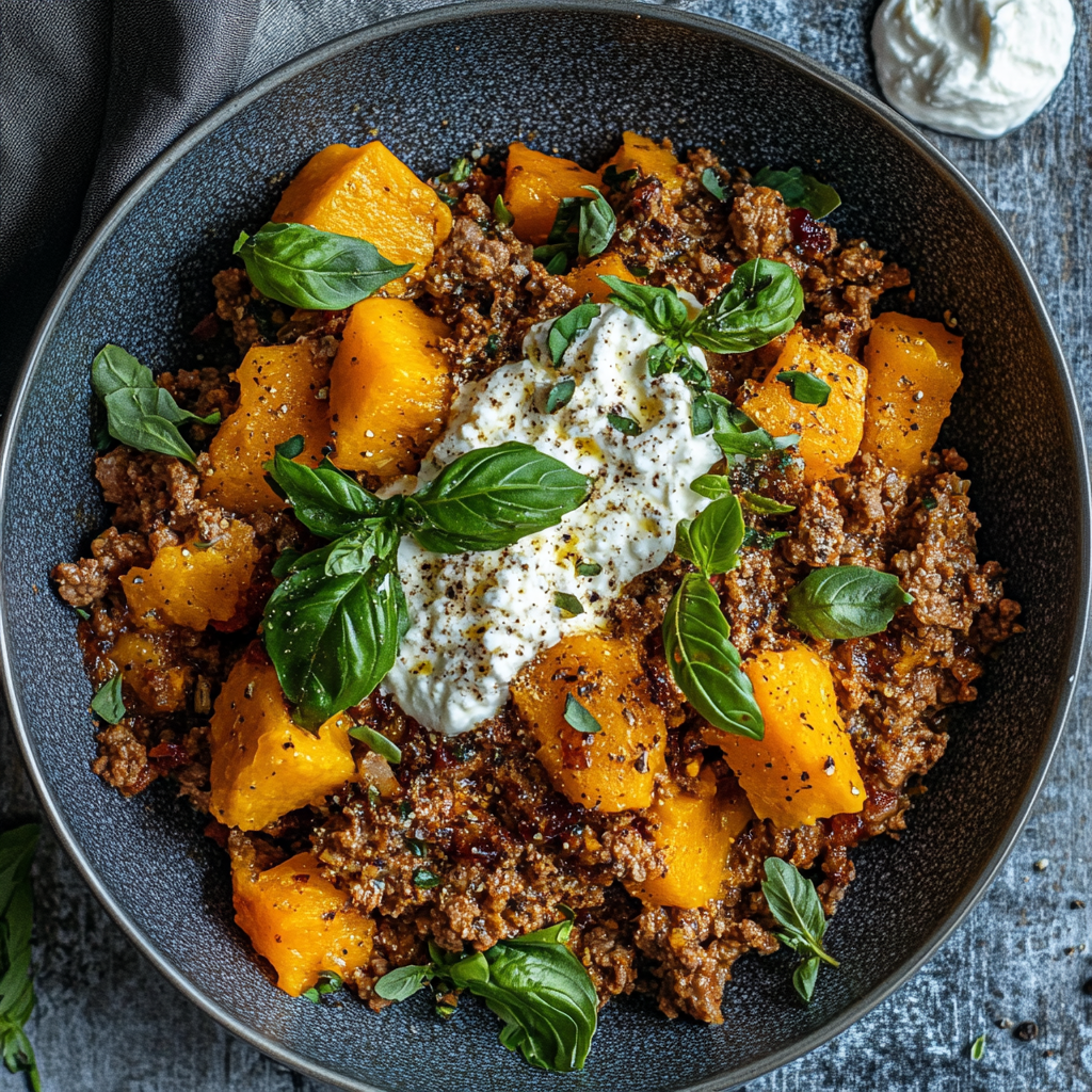 Hackfleisch mit Kürbis und Stracciatella