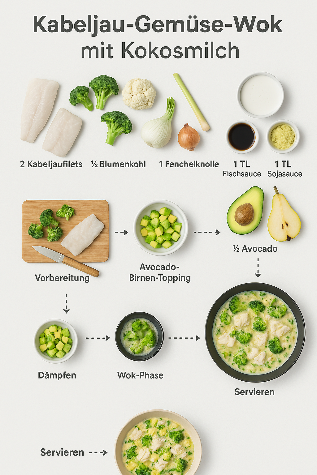 Kabeljau-Gemüse-Wok mit Kokosmilch 🐟🥦🥥